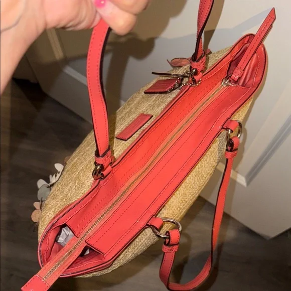 Coach Natural Straw Tote with pink and white leather Floral Accents - Picture 6 of 7